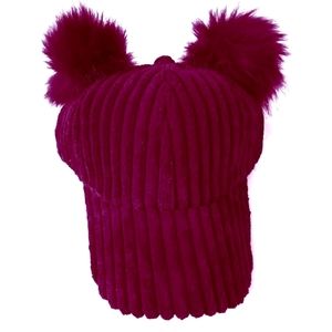 Minky Faux Striped Suede Baseball Cap Hat w/ 2 Fur Pompoms Wine Red NWT